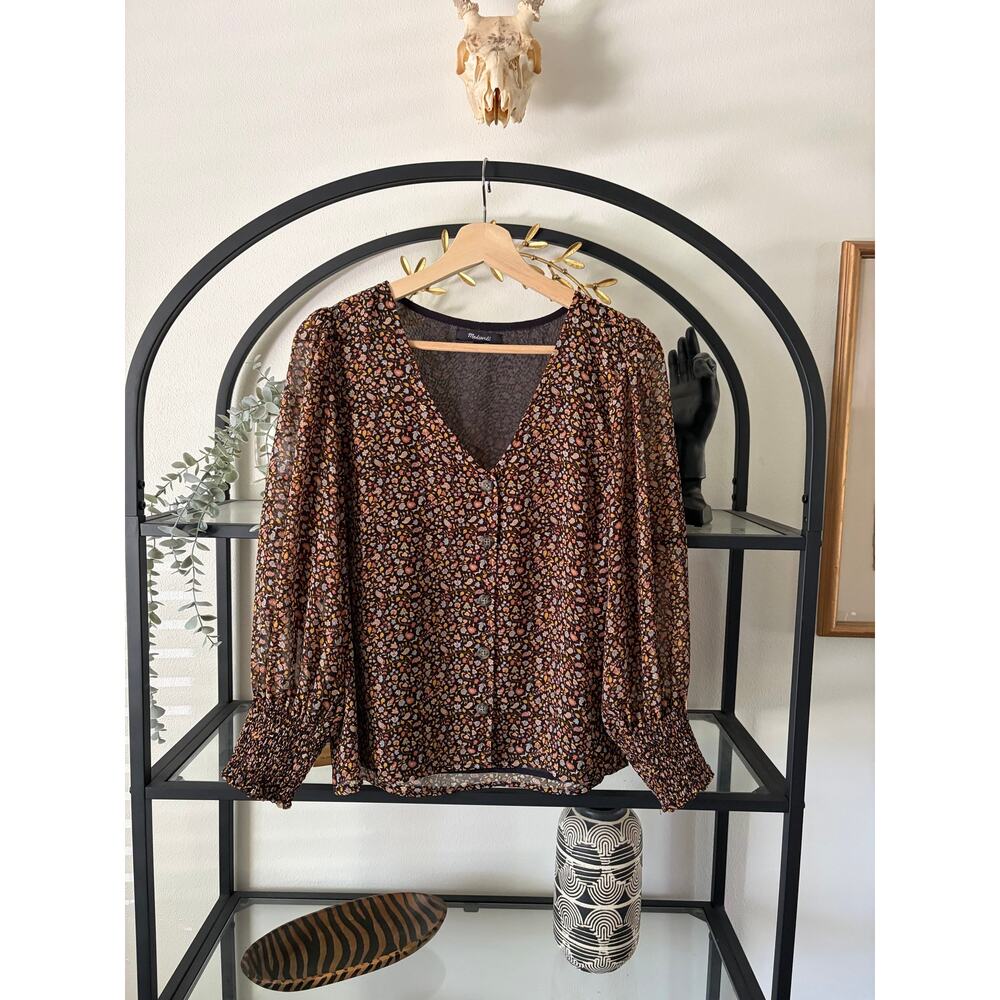 Madewell Floral Button Front Blouse Womens Size 6 Boho Sheer Long Sleeve Top